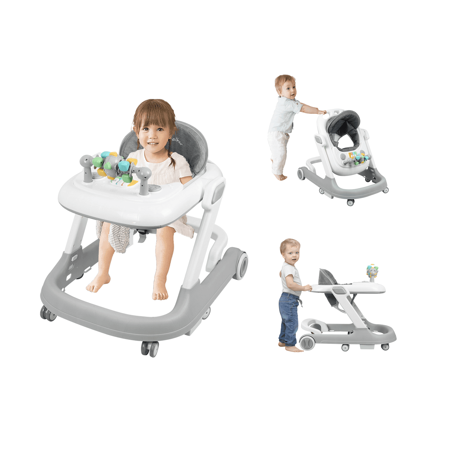 Girello pieghevole 2 in 1 con contenitore per giocattoli, versatile girello con altezza regolabile, supporto per stare in piedi e salvaspazio, 53 x 68