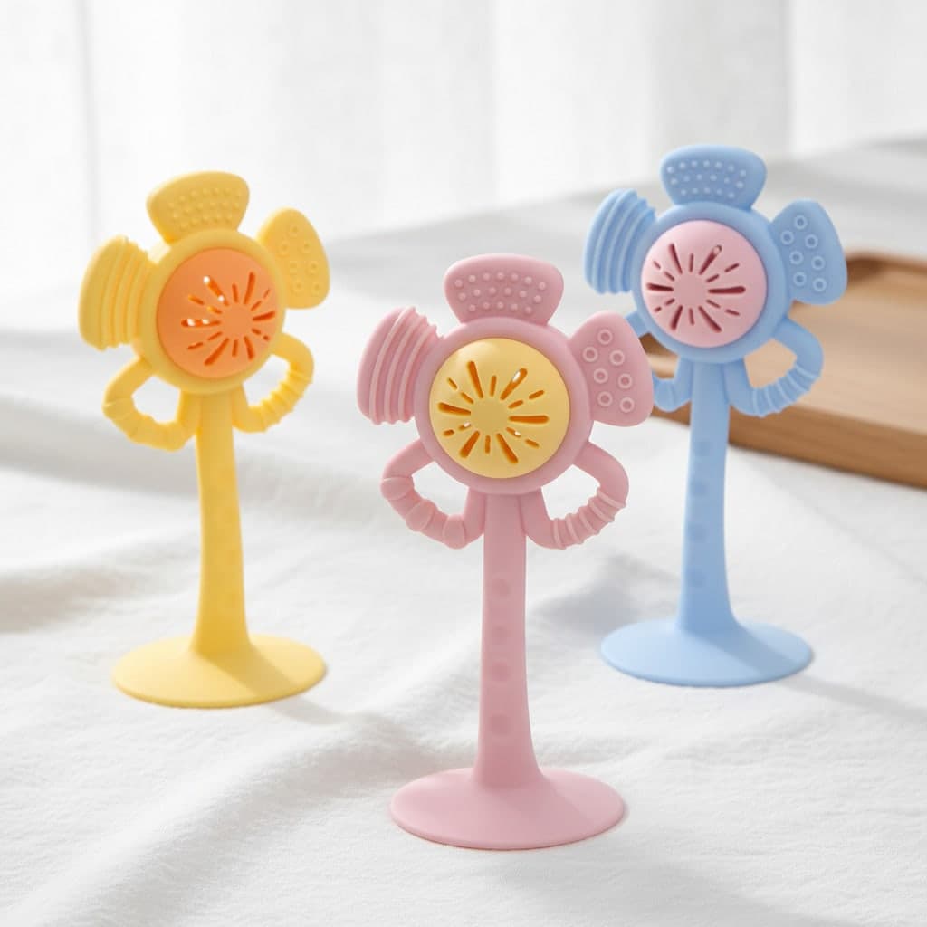 1 pezzo Giocattolo da dentizione a ventosa a forma di girasole, adatto per neonati, giocattolo sensoriale in silicone con ventosa per seggiolone