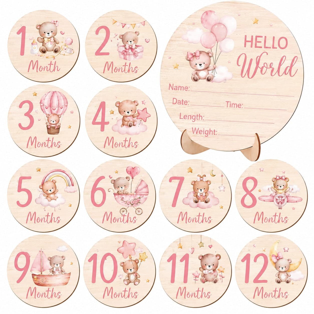 Cartello per Annuncio di Nascita a Doppia Faccia con Pietre Miliari Mensili per Neonati, Hello World, Regalo per festa di nascità, Accessorio per