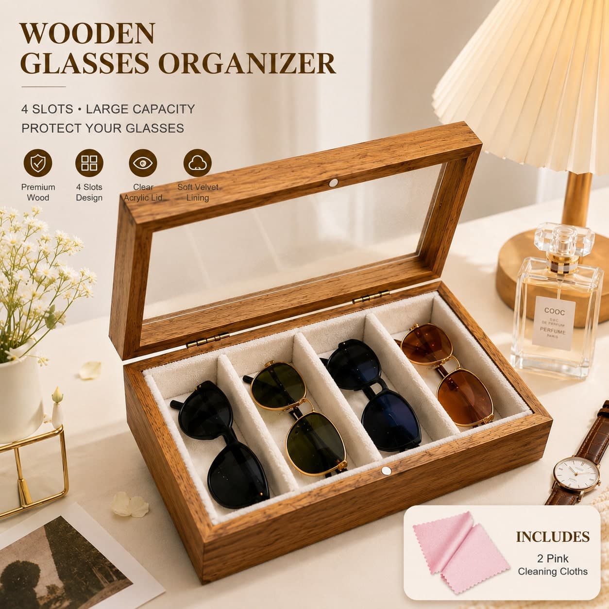 Scatola organizer in legno vintage per occhiali + panno per la pulizia degli occhiali/set, custodia espositiva per occhiali con coperchio trasparente,