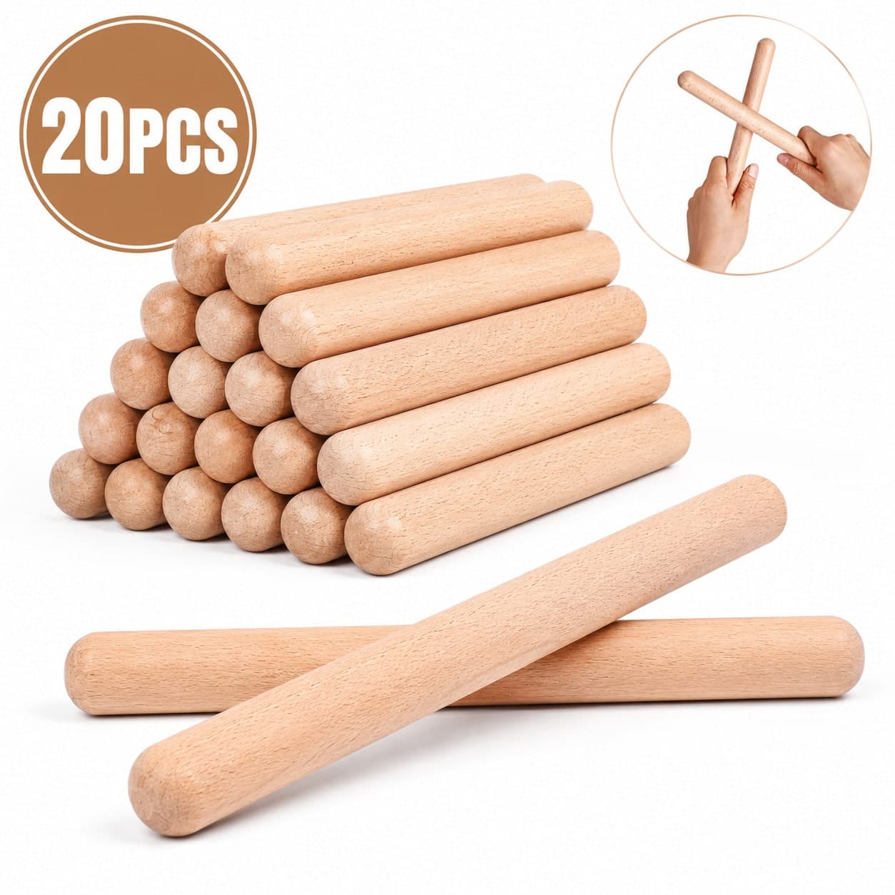 1-32 Pezzi di Strumenti a Percussione Classici in Legno, Bacchette Ritmiche in Legno Duro Naturale da 8 Pollici, Strumenti Musicali, Strumenti