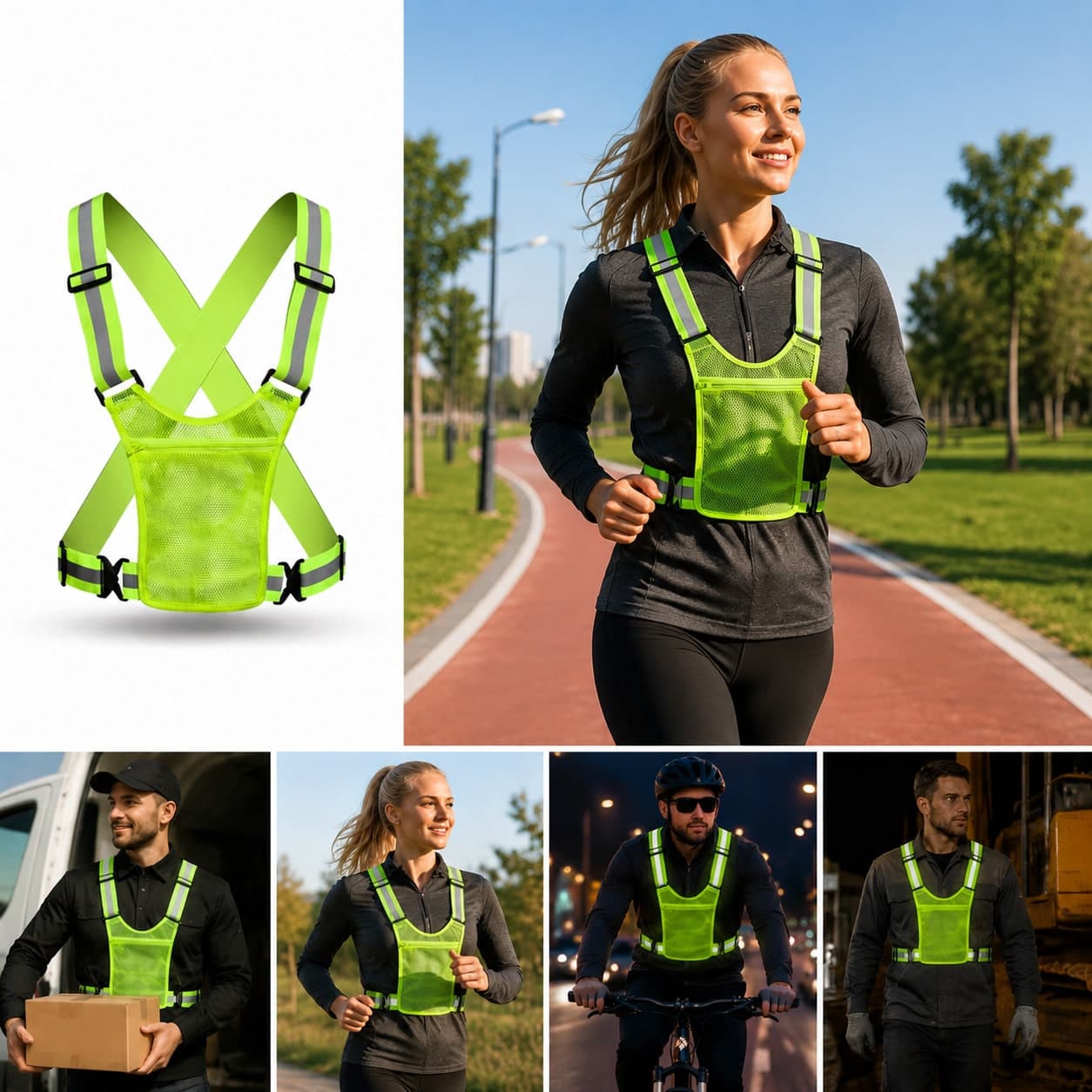 Gilet riflettente verde neon con tasche, realizzato in materiale in poliestere regolabile, adatto per la corsa notturna, il ciclismo, gli sport