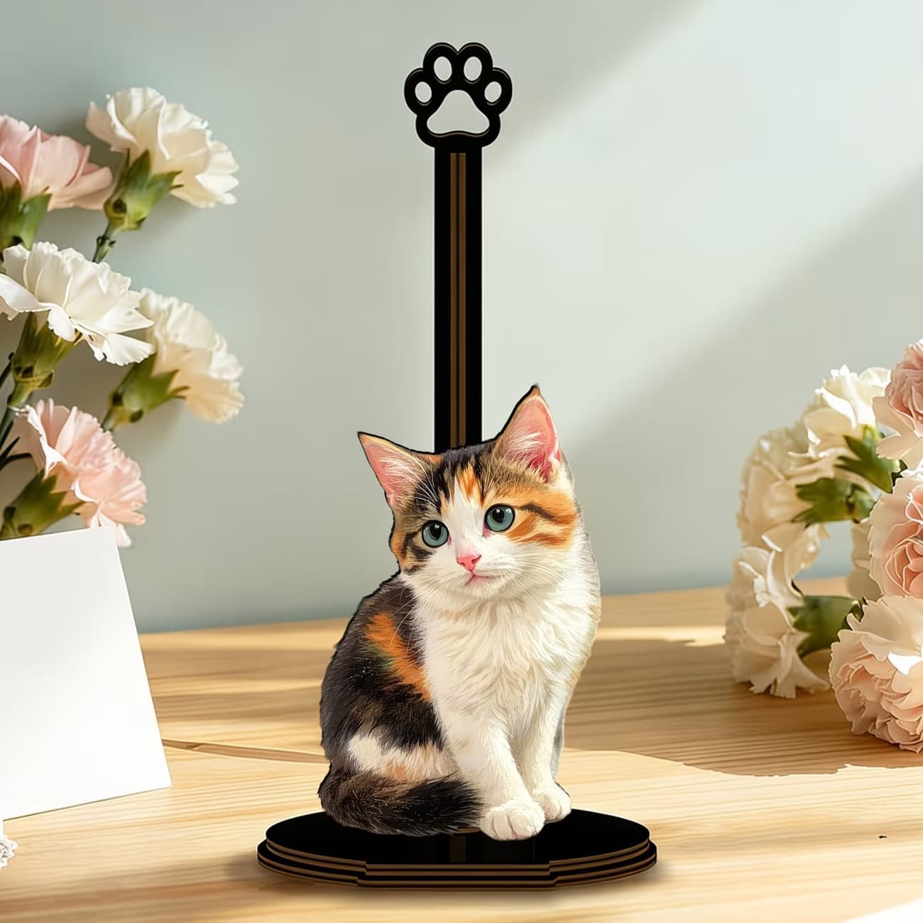 Portarotolo in legno a forma di gatto calico per carta da cucina, portarotolo in tessuto a strato singolo, portarotolo verticale per carta da cucina,