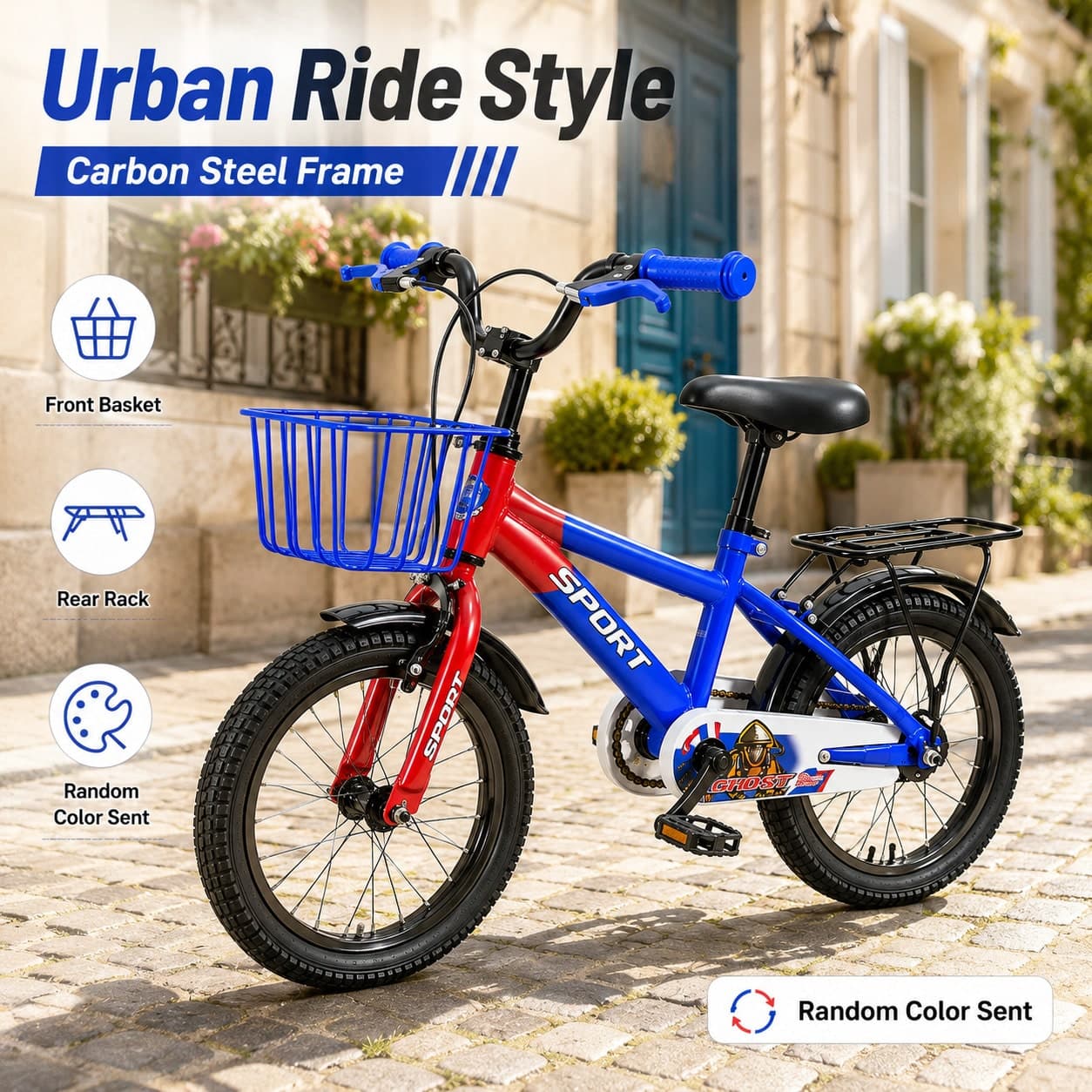 Bicicletta da tempo libero per principianti, disponibile in varie misure, colore casuale con rotelle e cestino, bici da città