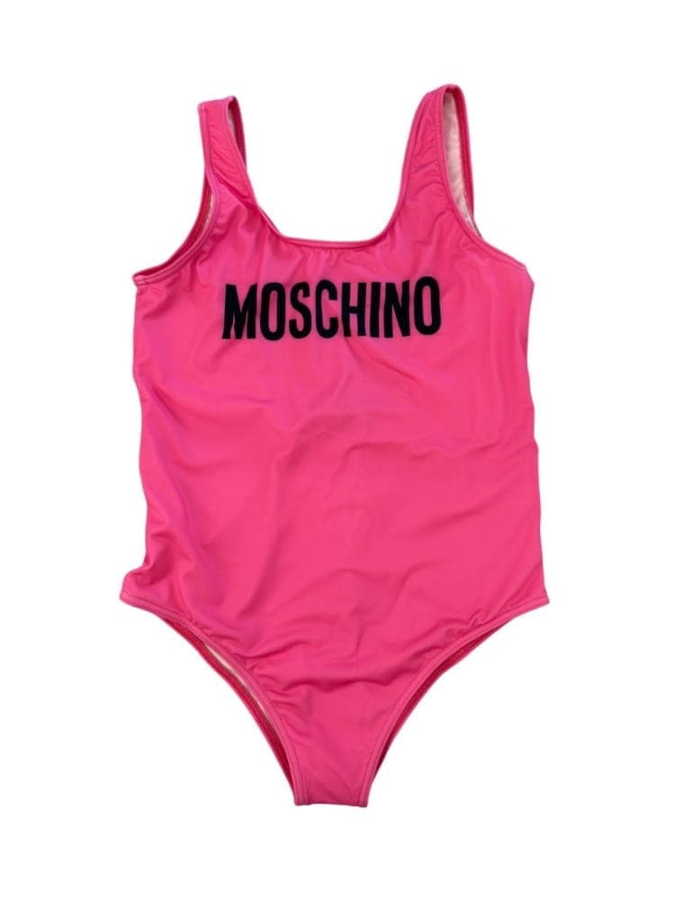 Moschino costume intero fucsia bambina logo lettering