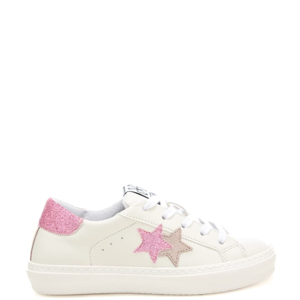 2 Star sneakers da bambina in vera pelle con inserti in suede e glitter bianco rosa