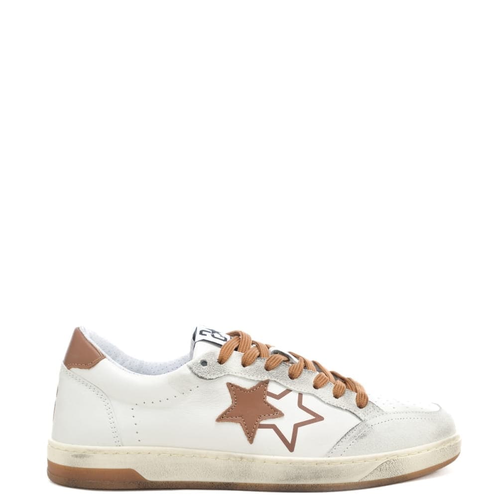 2 Star sneakers da uomo week star in vera pelle con inserti a contrasto colore bianco marrone