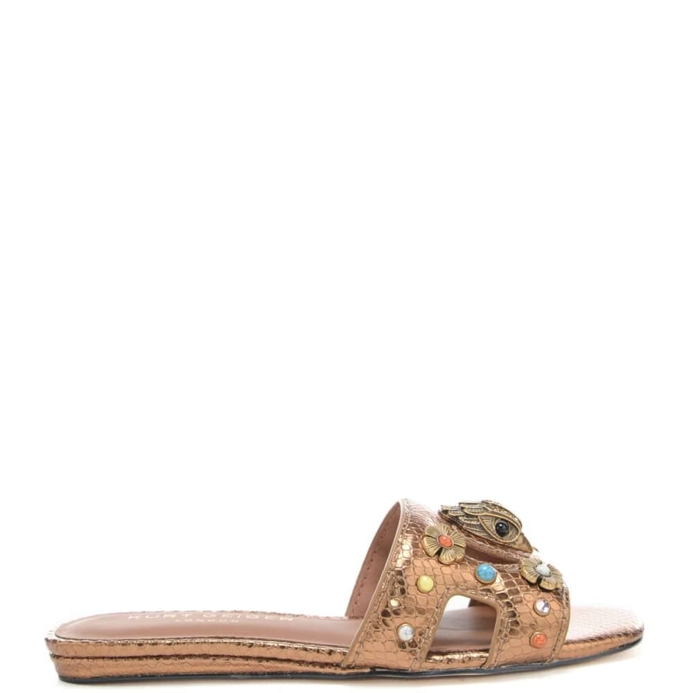 Kurt Geiger scarpe basse da donna in pelle laminata pitonata con decorazioni frontali bronzo