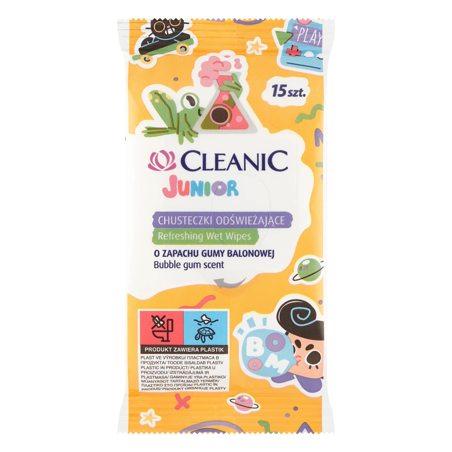 Cleanic Junior, salviette rinfrescanti con liquido antibatterico, al gusto di gomma da masticare, 15 pezzi