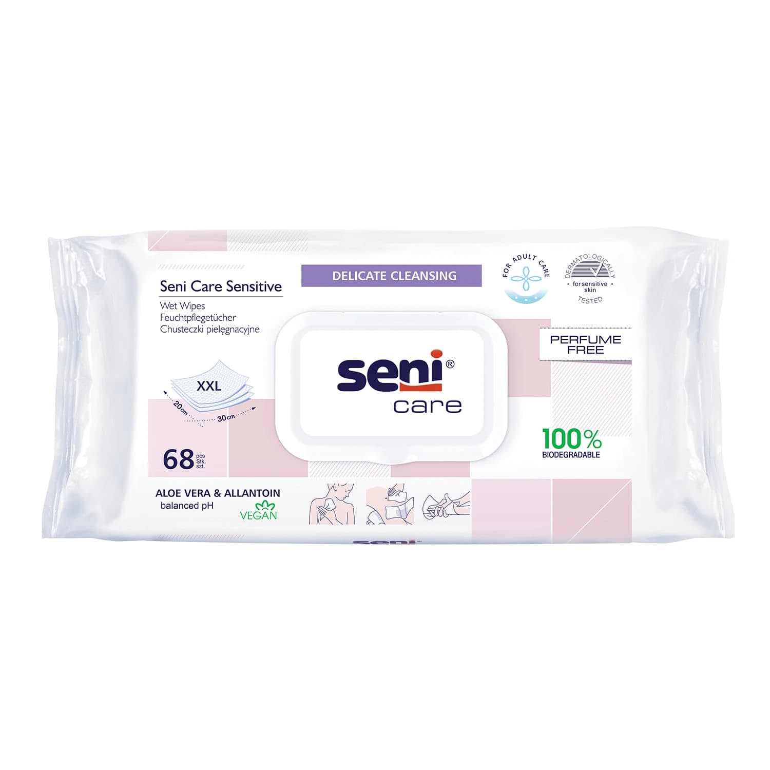 Seni Care Sensitive, salviettine umidificate, per la cura, XXL, biodegradabili, 68 pezzi
