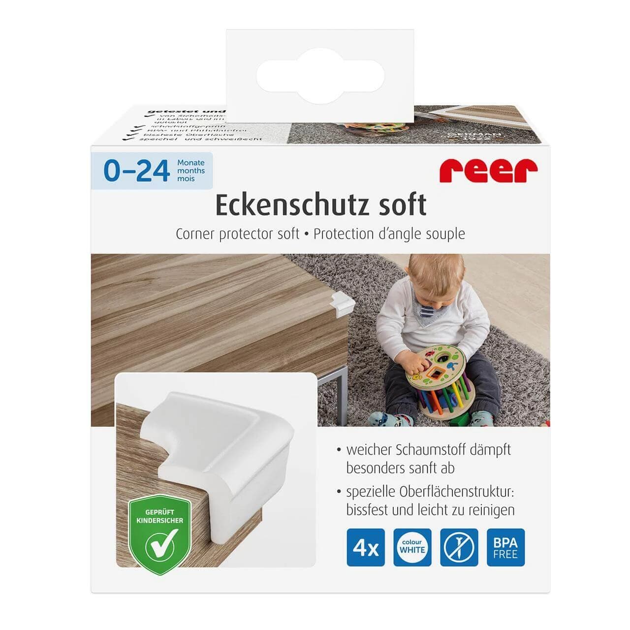 Set di 4 paraspigoli in poliuretano espanso, con nastro adesivo, 3 m, Bianco, Reer