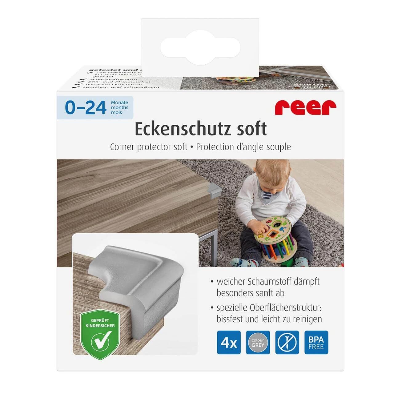 Set di 4 paraspigoli in poliuretano espanso, con nastro adesivo, 3 m, Grigio, Reer