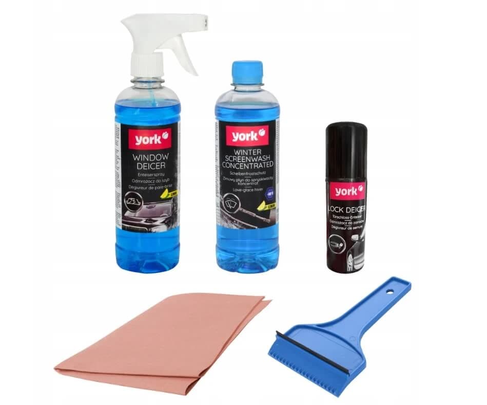 Kit York Car Liquido lavavetri 500 ml + Sbrinatore vetri 500 ml + Sbrinatore serrature 50 ml + Raschietto per vetri + Panno antiappannamento
