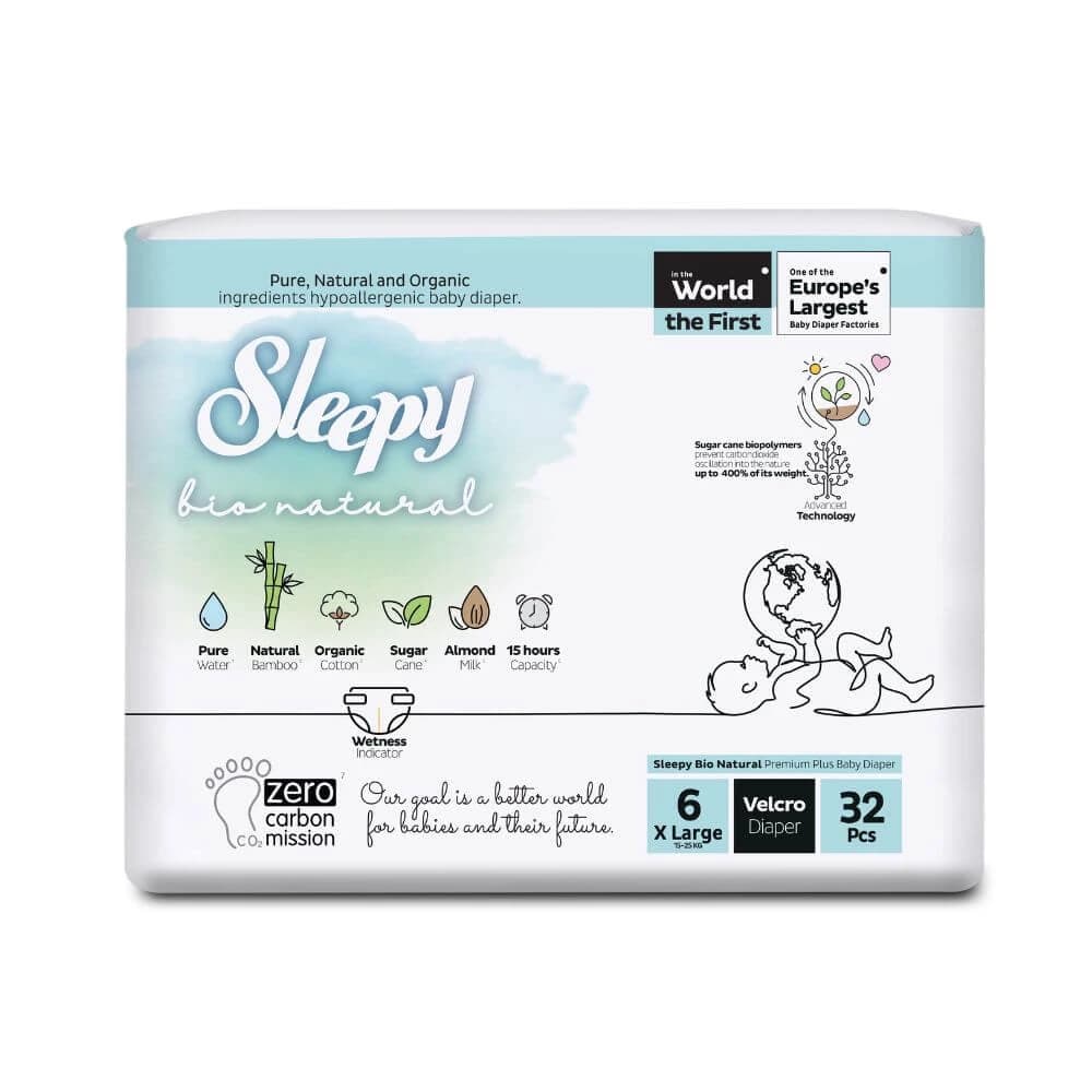 Pannolini per bambini, n. 6, 15-25 kg, 32 pezzi, Sleepy Bio Natural