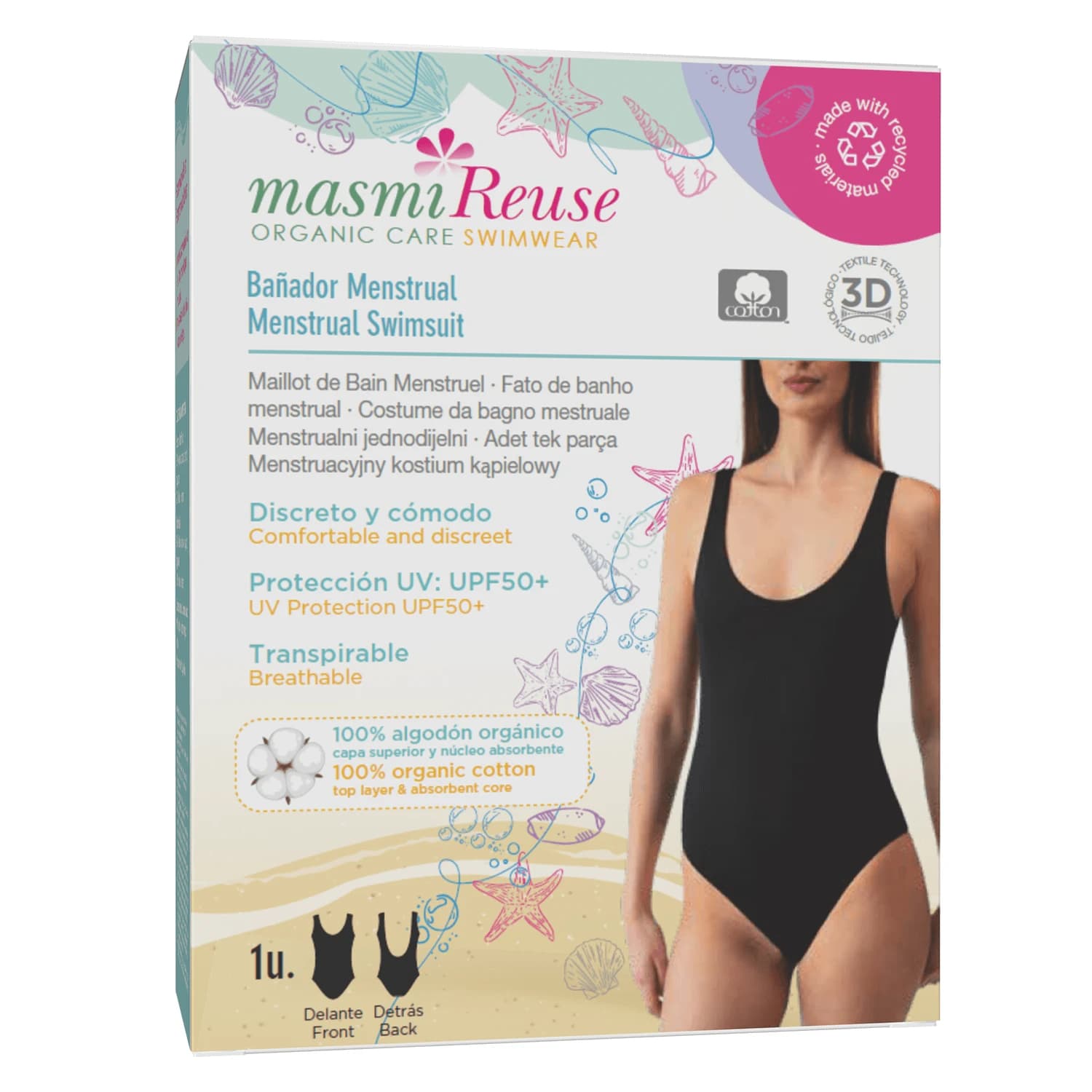 Masmi Reuse, costume da bagno intero mestruale, UPF 50+ nero, taglia L