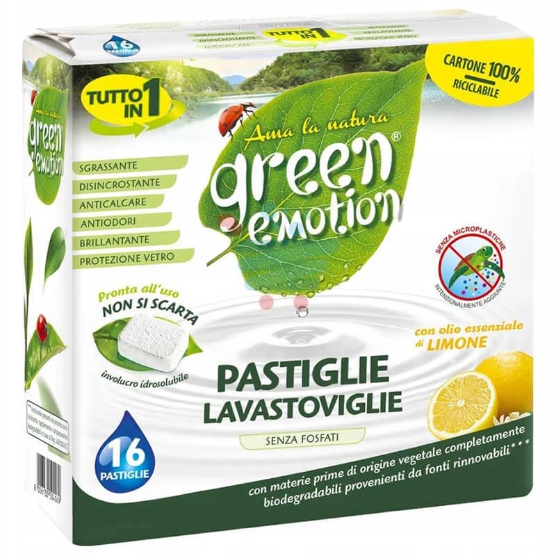 Green Emotion, pastiglie per lavastoviglie, biologiche, limone, 16 pezzi