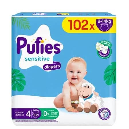 Pannolini fasciatoio Mega Maxi Sensitive, Nr. 4, 9-14 kg, 102 pezzi, Pufies