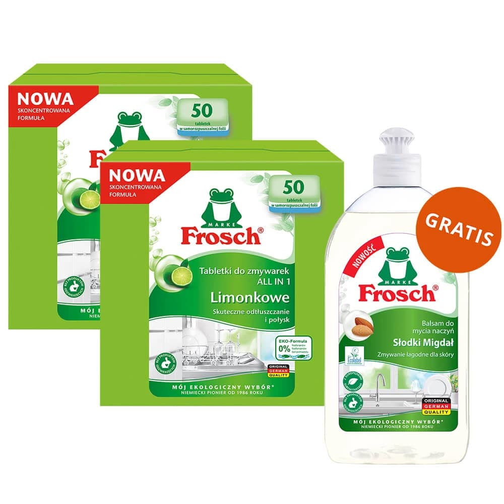 Set Frosch, pastiglie per lavastoviglie, All in One, lime, 2 x 50 pezzi + detersivo per piatti, almond, 500 ml in omaggio