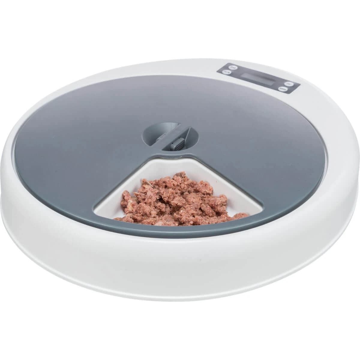 TRIXIE TX5, mangiatoia automatica per cani e gatti, 1 ciotola asimmetrica, programmabile, in plastica, bianco e grigio, XS(1,25l, 33x5cm)