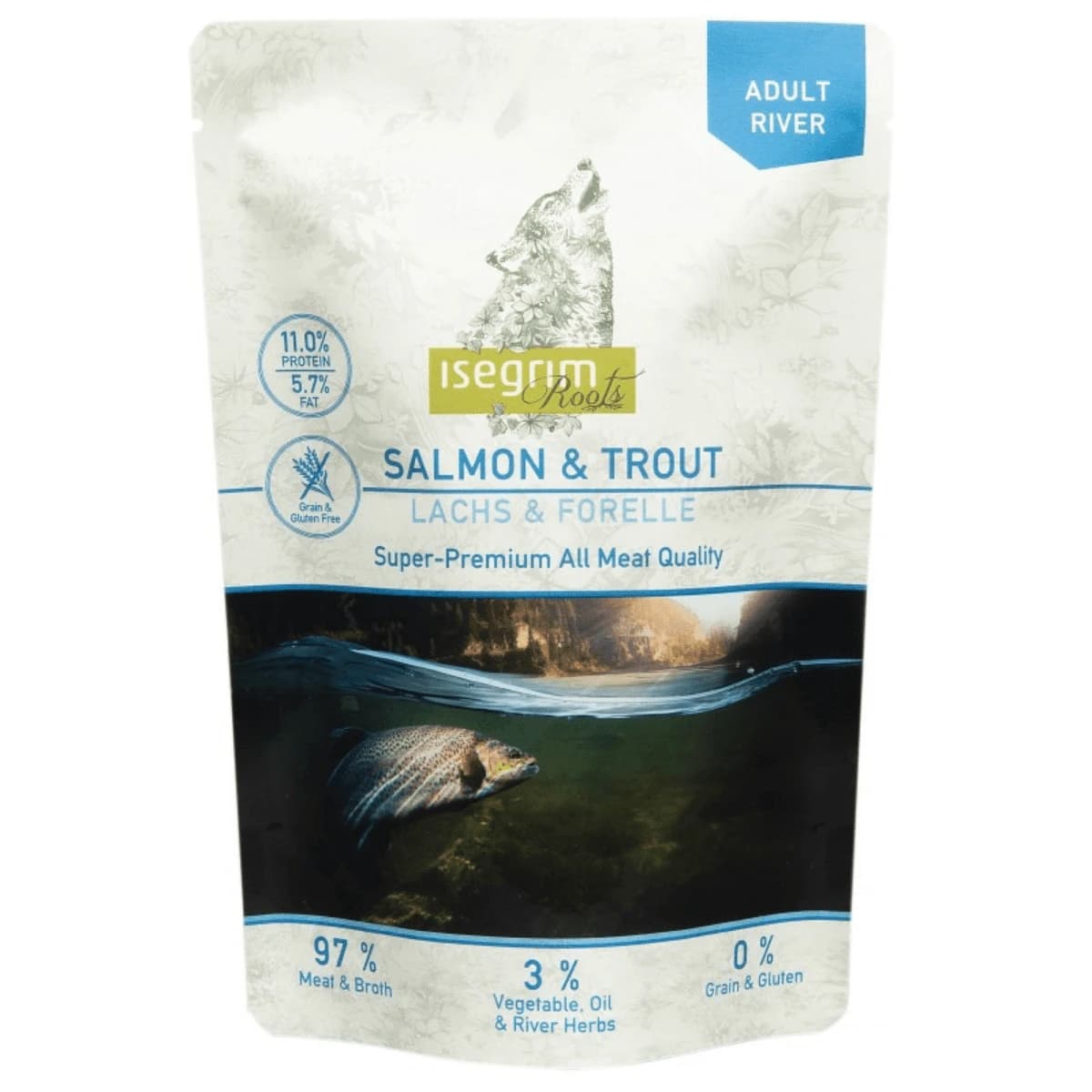 ISEGRIM, XS-XL, Salmone e sgombro, bustina di cibo umido per cani senza cereali, (in salsa), 410g