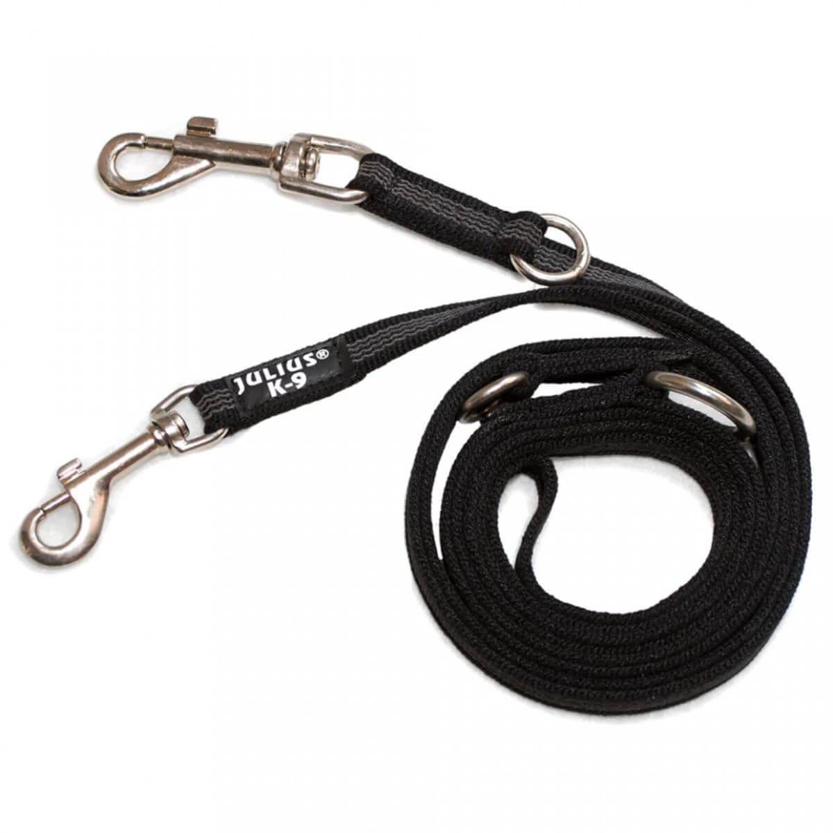 JULIUS-K9 Color & Gray, guinzaglio doppio regolabile con maniglia per cani, 2 cani, 50 kg, tessuto, nastro, 20 mm x 2,2 m, nero