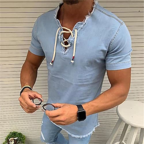 Per uomo Camicia Camicia in chambray Camicia in calicò Camicia estiva Camicia di jeans Blu marino scuro Blu marino Azzurro Manica corta Stampe