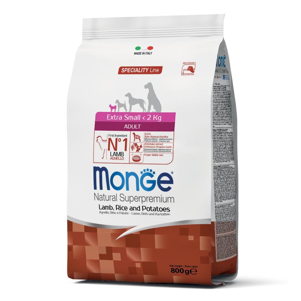 Monge Natural Superpremium Agnello Riso e Patate Cani Adulti Taglia Extra Small, 800 g