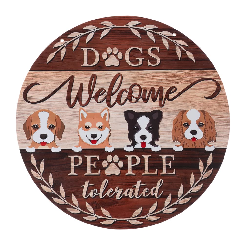 Targa da porta di TIAKI "Dogs Welcome - People Tolerated" - Ø 30 cm