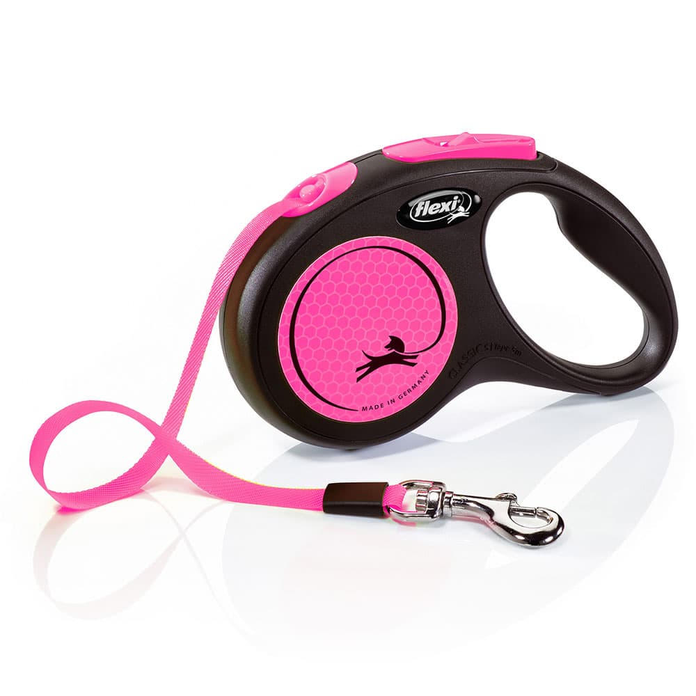 Guinzaglio avvolgibile a fettuccia rosa flexi New Neon, 5 m - S: fino a 15 kg