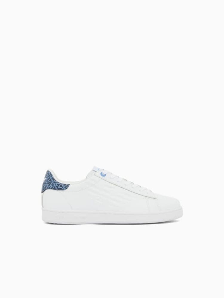 Emporio Armani sneakers uomo classic in pelle bianca con logo e dettaglio azzurro