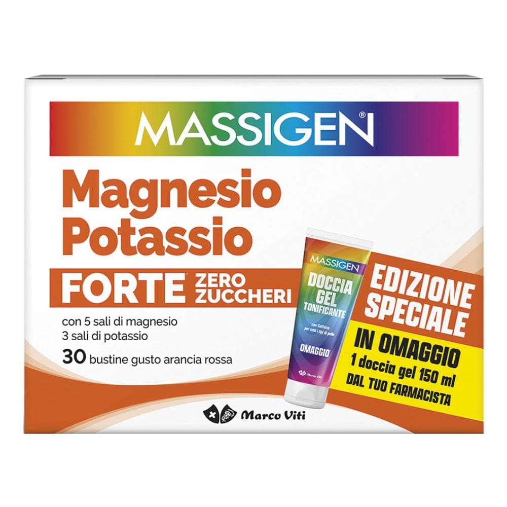 Massigen Magnesio e Potassio Forte Senza Zucchero 30 Bustine Integratore per Stanchezza Crampi Muscolari