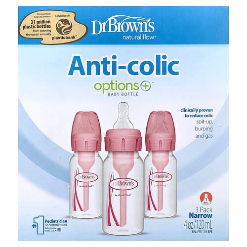 Dr. Brown's, Natural Flow®, Biberon Opzioni+™ per la cura delle coliche, da 0 mesi in su, confezioni da 3, 120 ml ciascuna