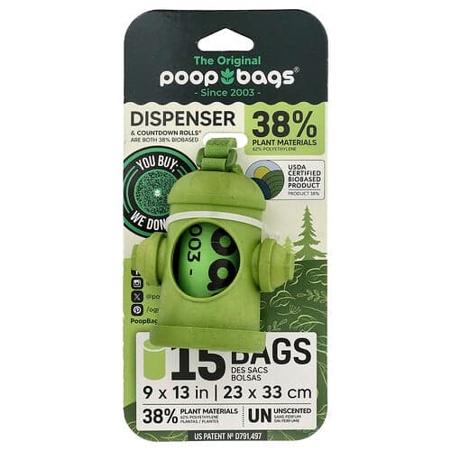 Original Poop Bags, Dispenser per buste + buste, verde, non profumato, 1 dispenser, 15 buste