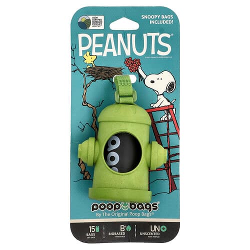 Original Poop Bags, Peanuts®, Dispenser per bustine, Verde, Snoopy Bags, Senza profumo, 1 Dispenser, 15 bustine