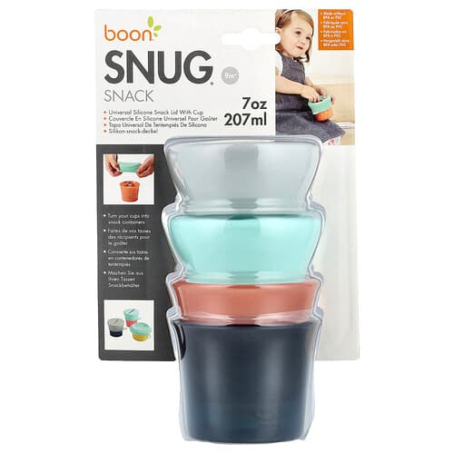 Boon, Snug Snack®, coperchio universale in silicone per snack con tazza, 9m+, 2 tazze e 2 coperchi, 207 ml ciascuna