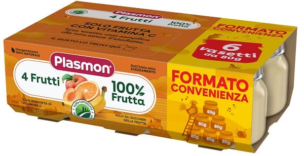 PLASMON - OMOGENIZZATO FRUTTA , 4 FRUTTI 6+ MESI ( 6X80GR )