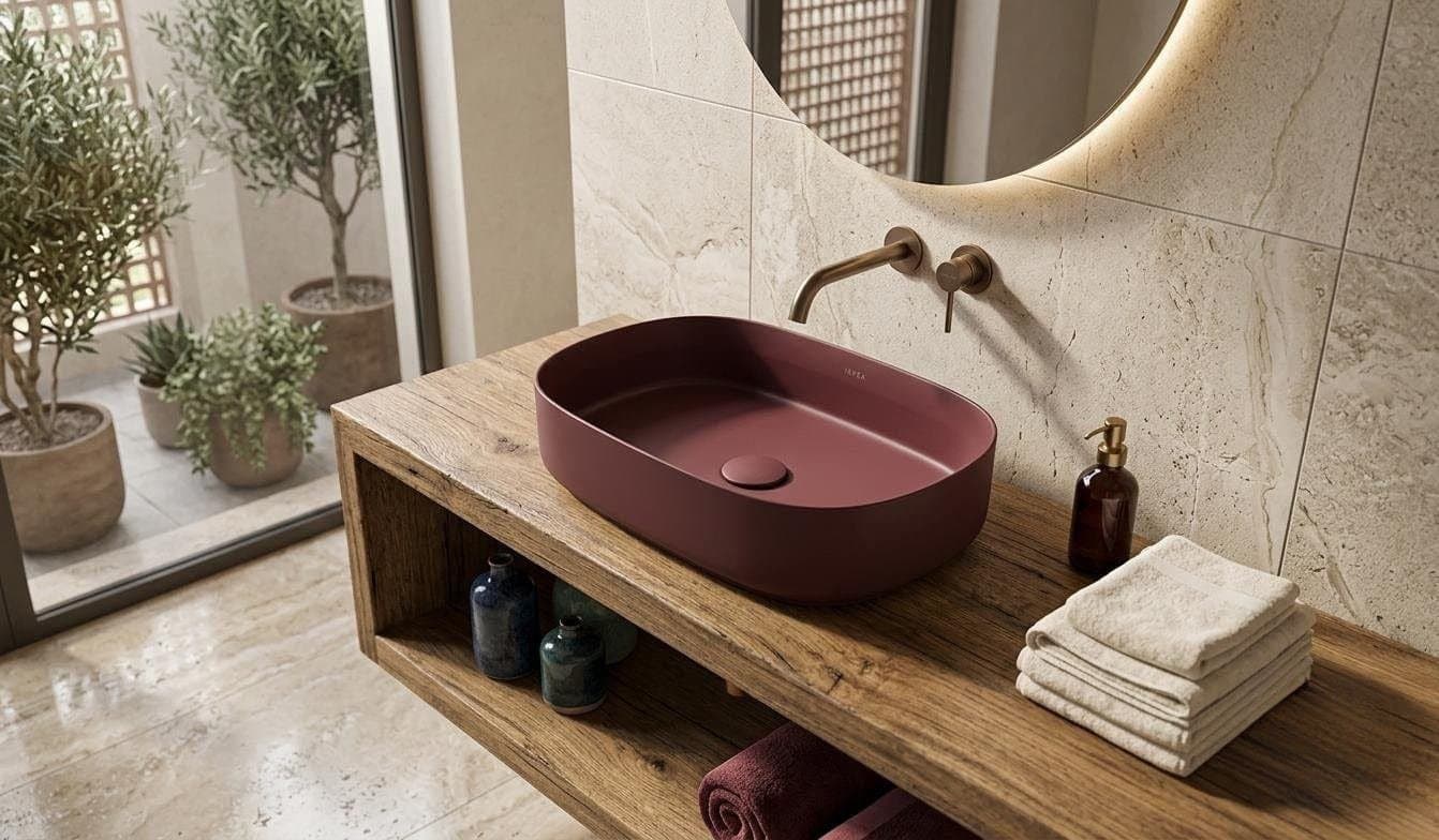 Lavabo ovale da appoggio senza troppo pieno in ceramica senza foro rubinetto - Bordeaux Opaco