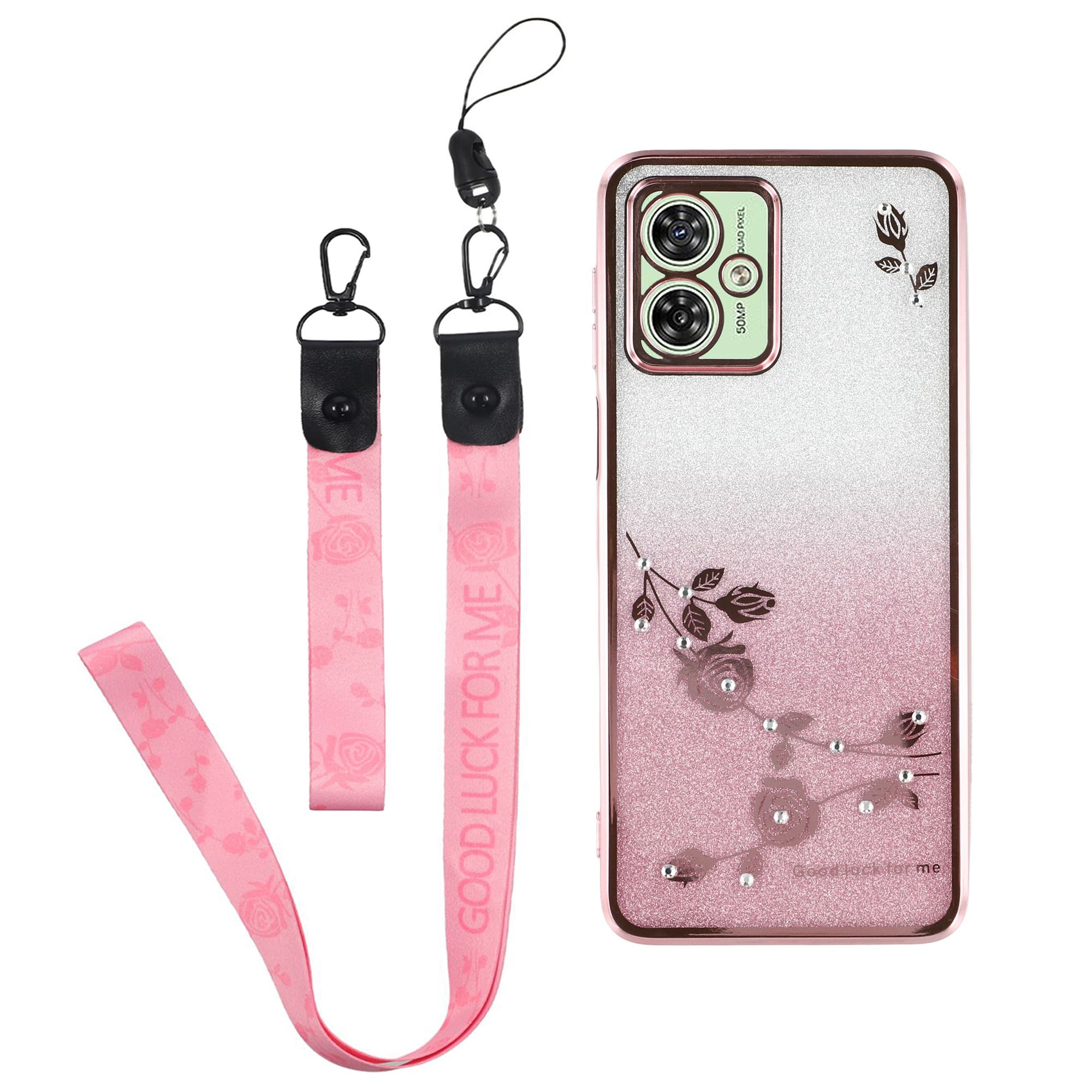 KADEM For Motorola Moto G54 5G / G64 5G TPU Case Rhinestone Flower Phone Cover with Lanyard - Rose Gold