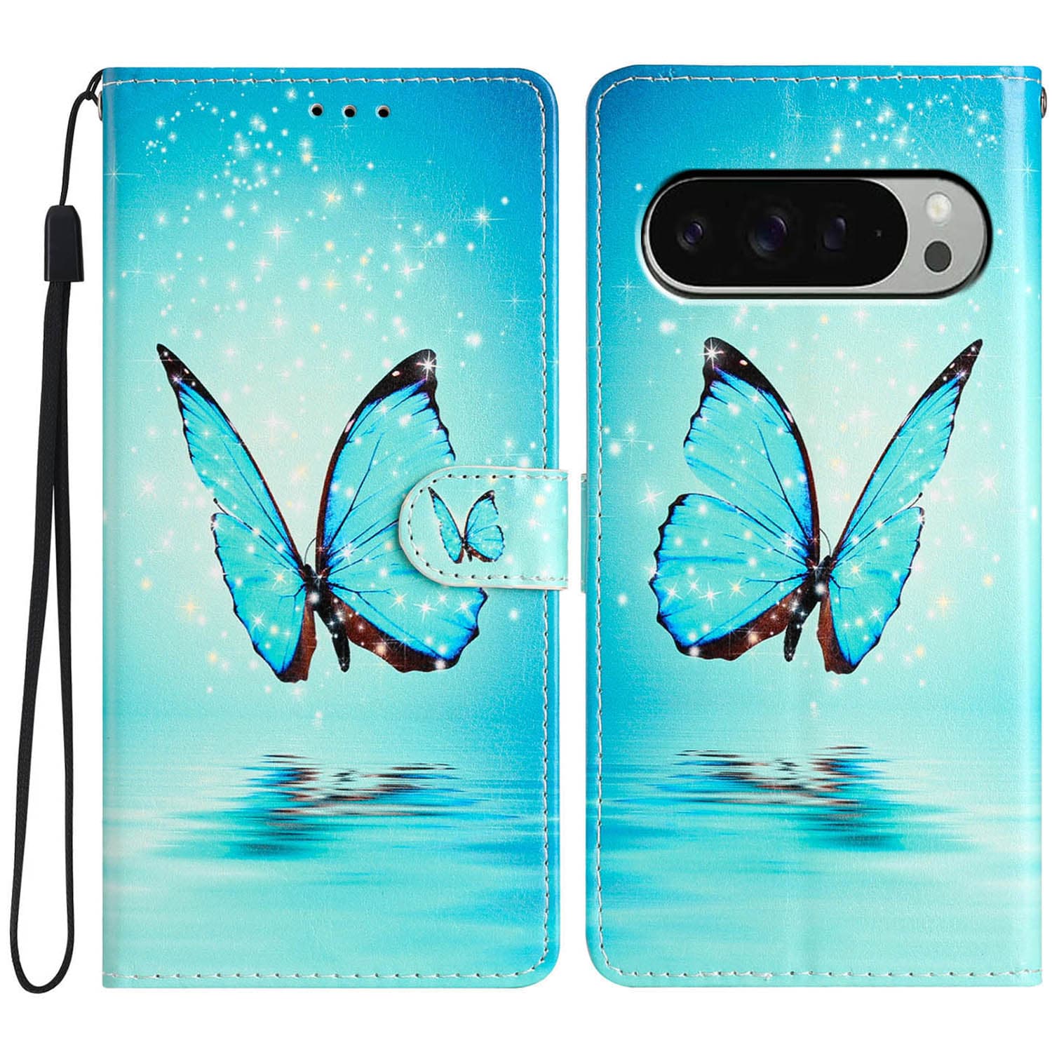 For Google Pixel 9 / 9 Pro Wallet Case PU Leather Pattern Printing Stand Phone Cover with Strap - Blue Butterfly