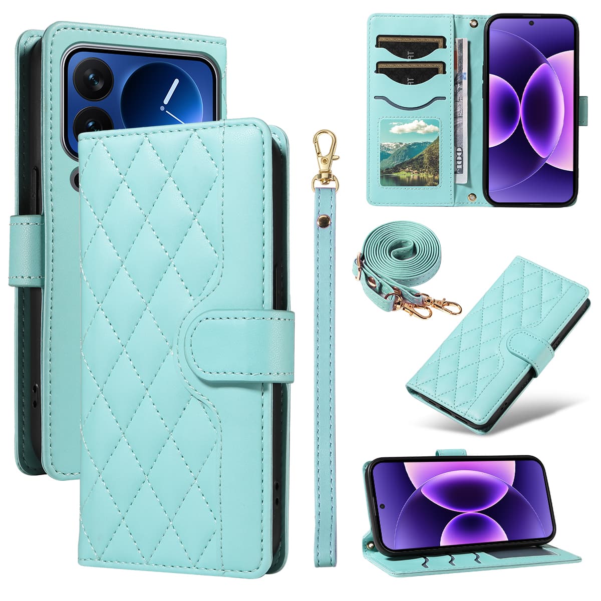 For Xiaomi 17 Pro Wallet Case Rhombus Leather Phone Cover with Strap - Green