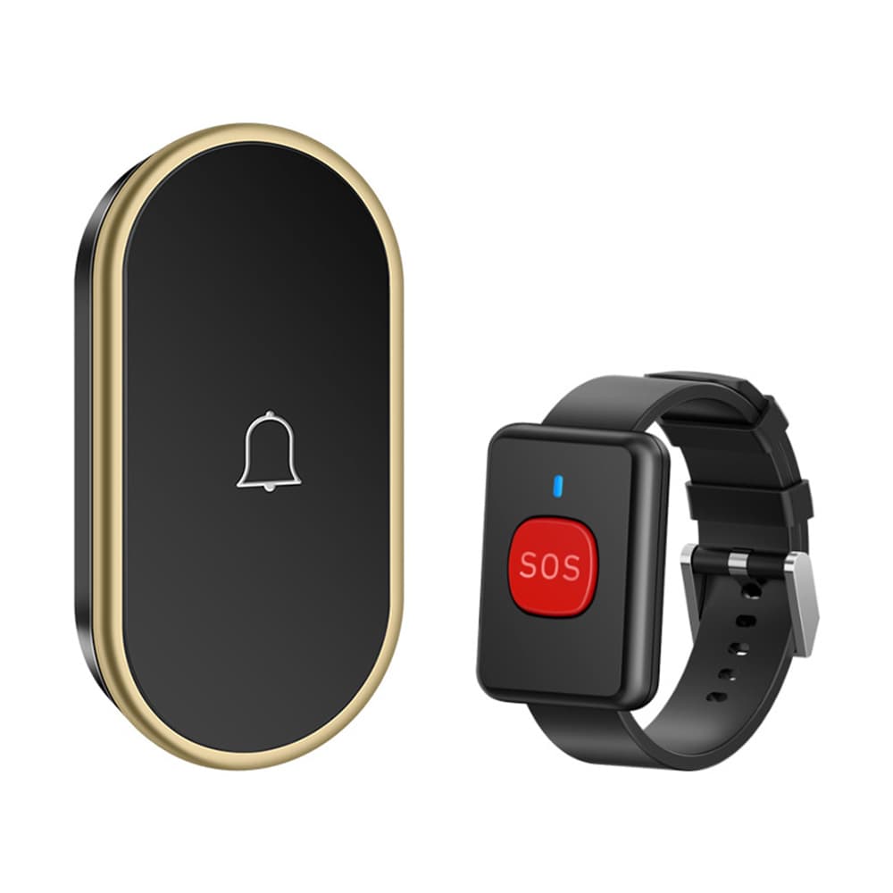 A18 For Elderly SOS Emergency Call Button 60 Melodies Adjustable Volume 300m Wireless Alarm System, 1 Watch Button + 1 EU Plug Receiver - Black+Gold