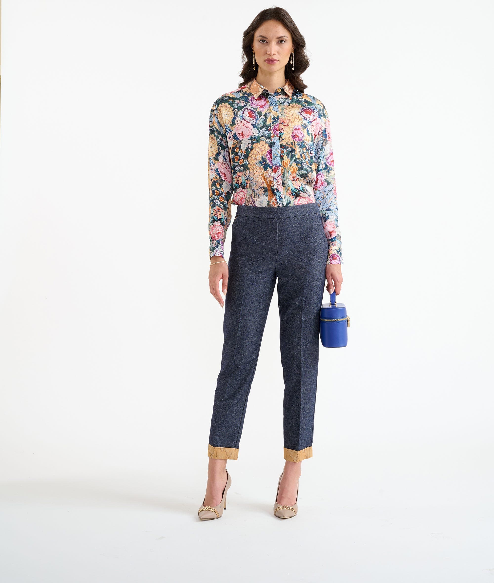 Pantaloni con risvolti in misto lana effetto denim Blu