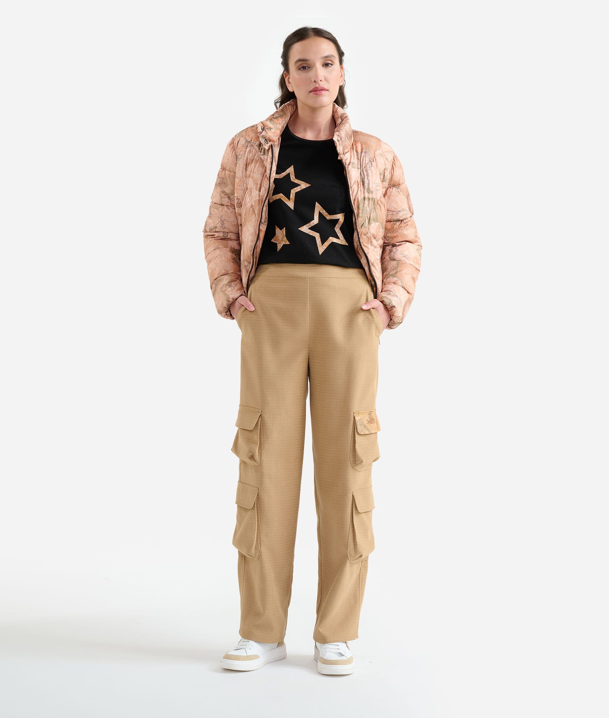 Destination | Pantaloni cargo in tessuto pied-de-poule effetto suede Cammello