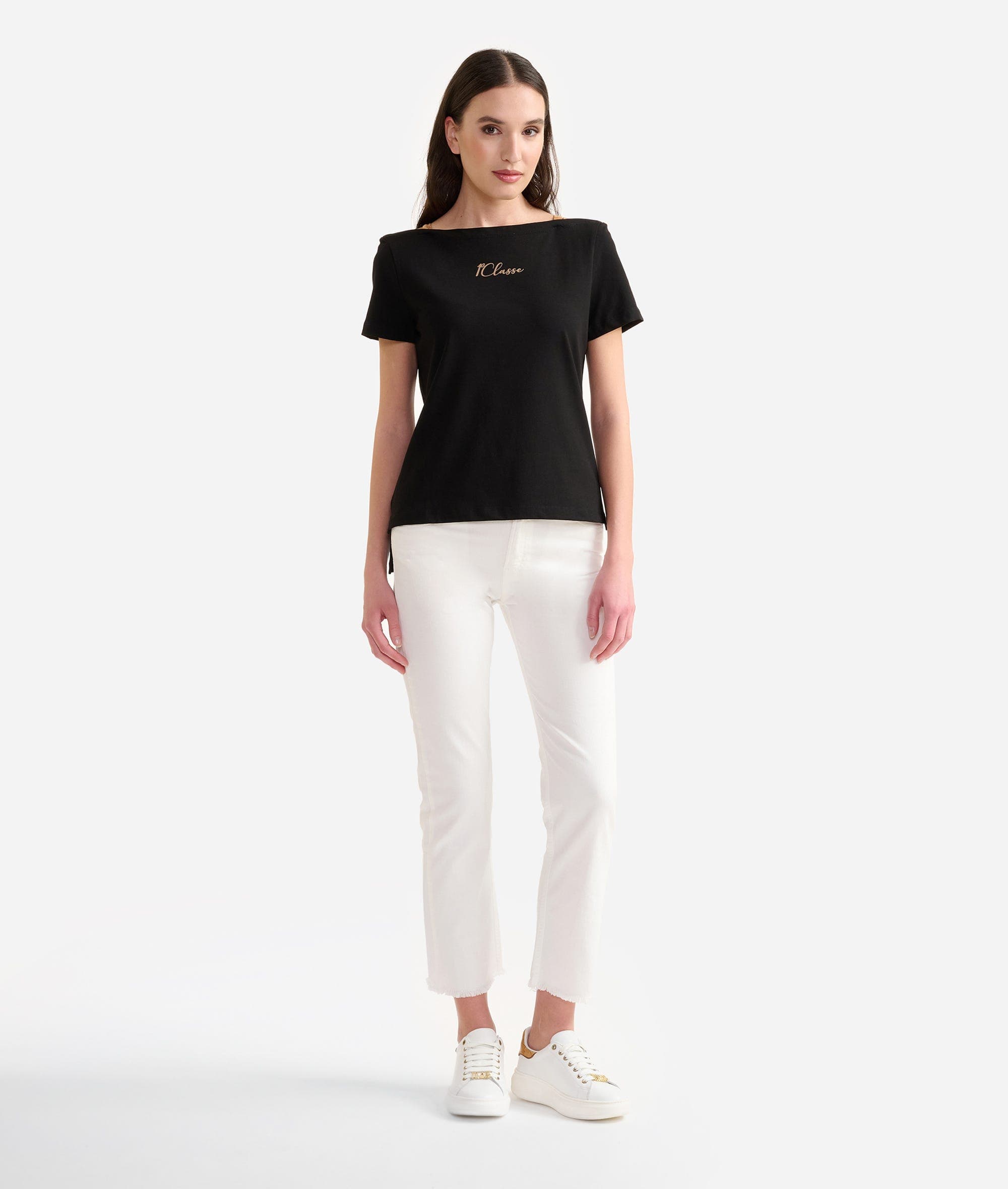 T-shirt in jersey di cotone stretch con spalline Geo Classic Nera