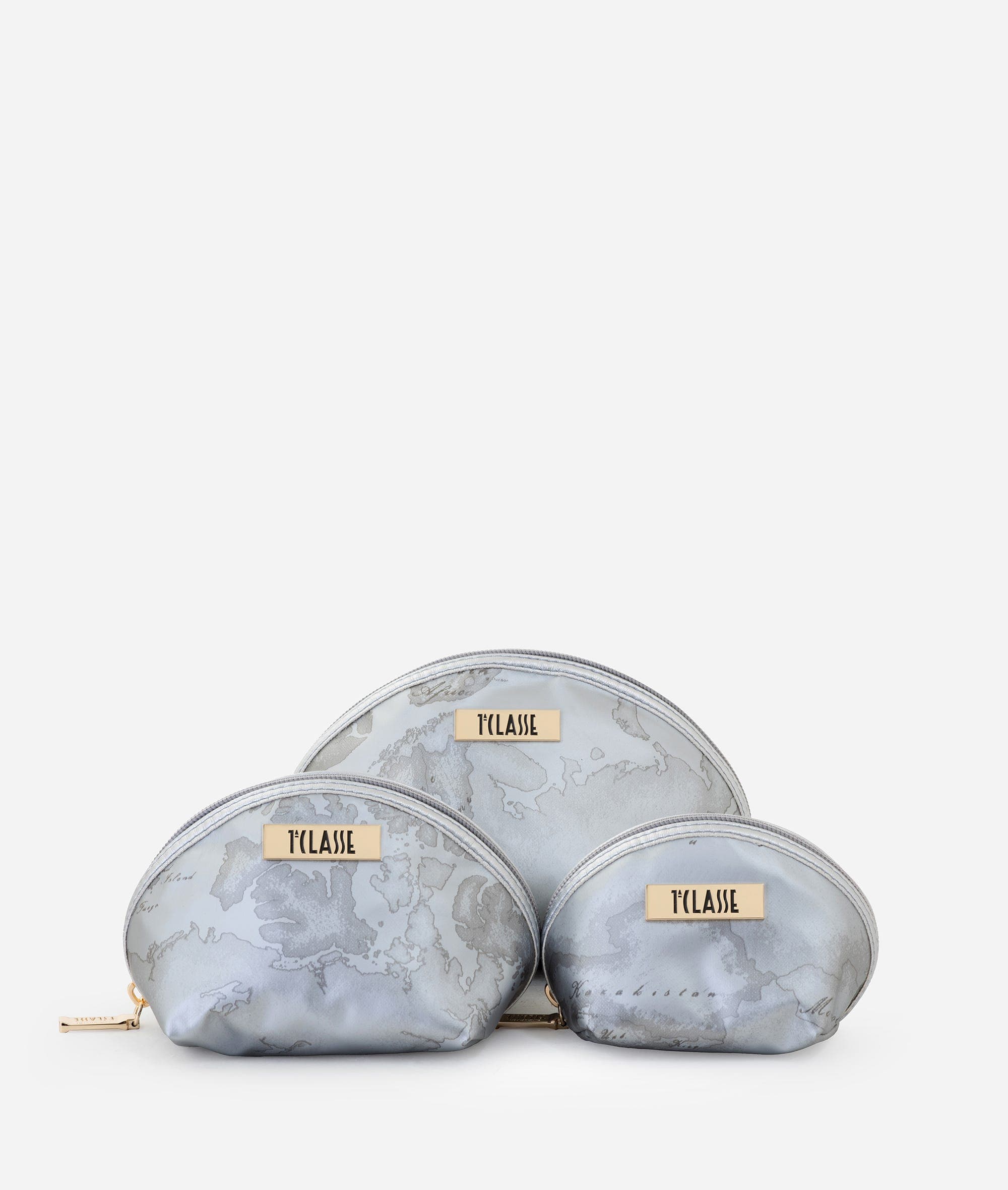 Set di tre bustine in tessuto gommato Geo Argento