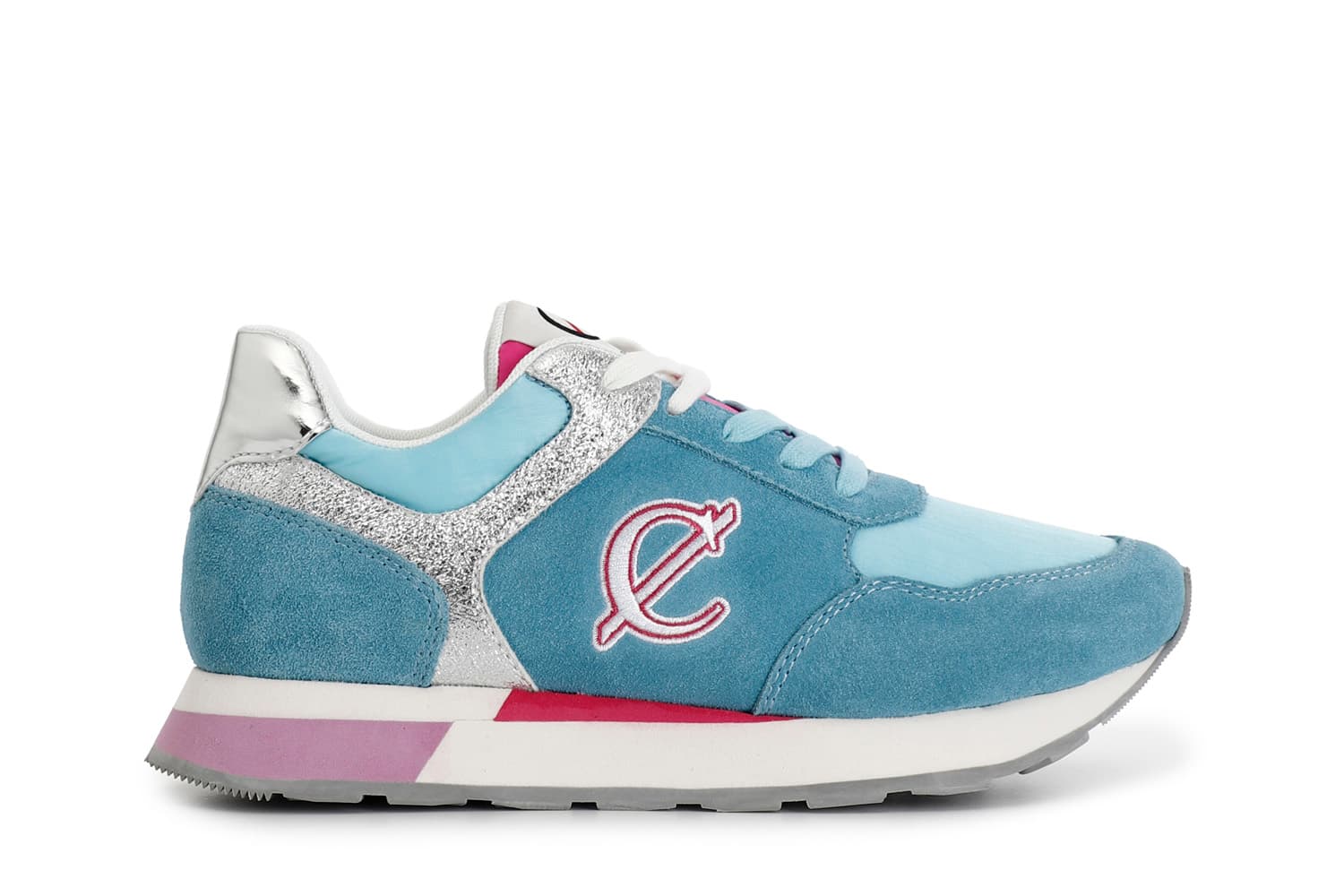 sneakers in pelle scamosciata e tessuto con riporti glitter celeste 39