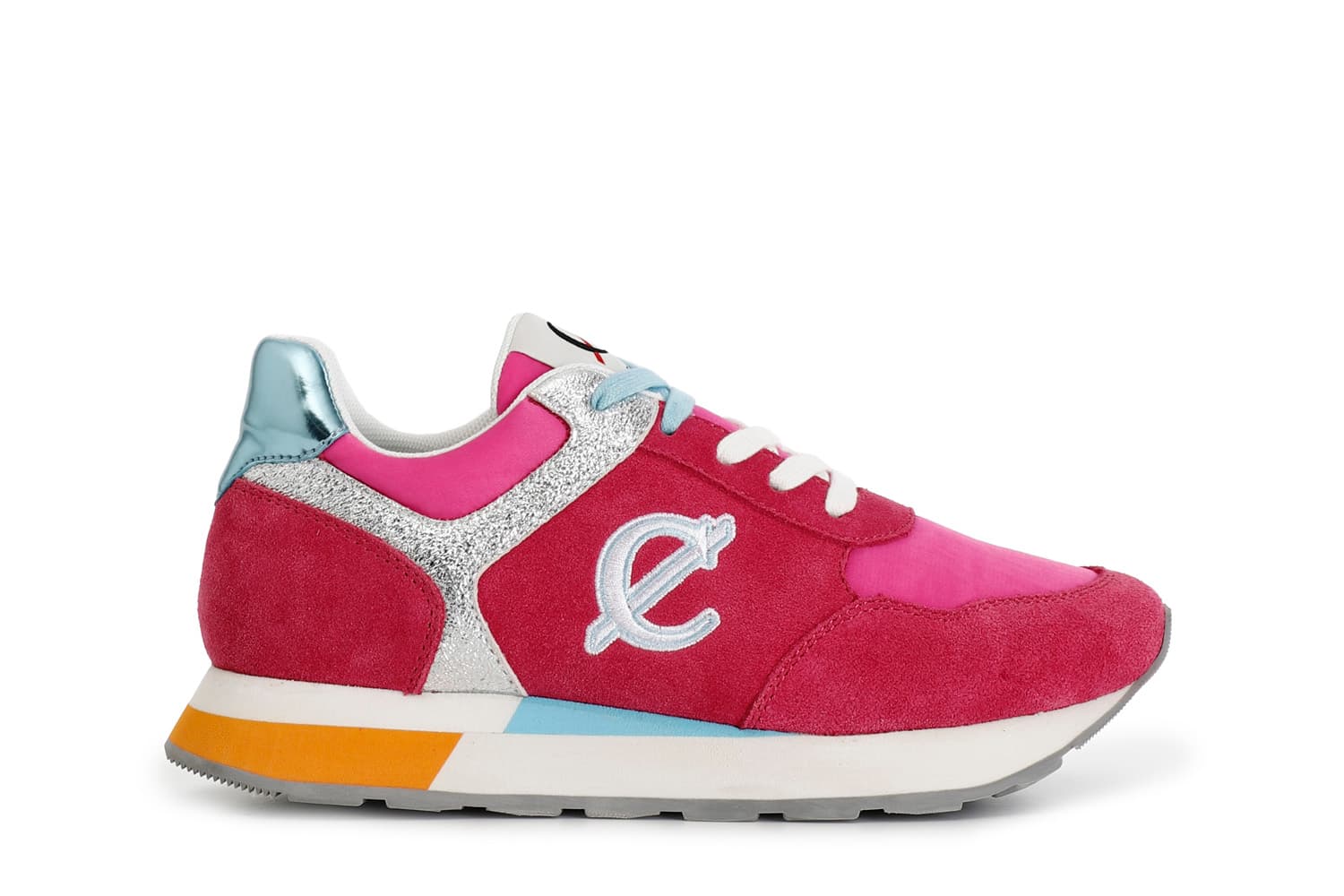 sneakers in pelle scamosciata e tessuto con riporti glitter fuxia 35