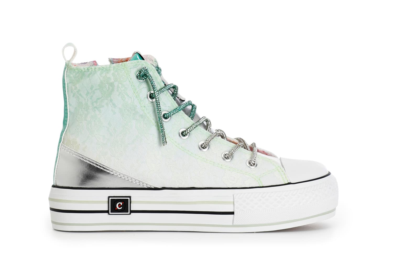 sneakers mid pizzo degradé con lacci strass menta 35