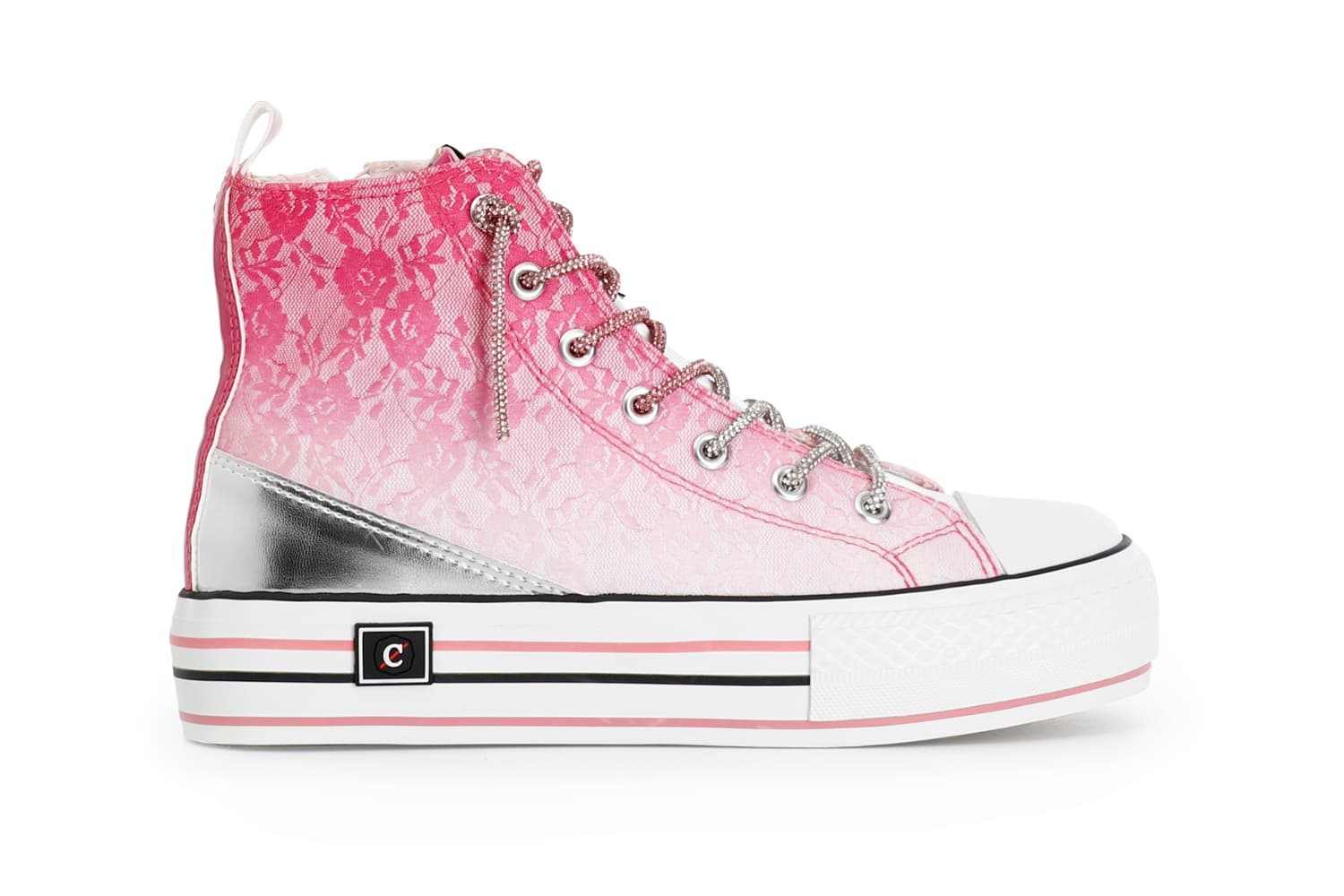 sneakers mid pizzo degradé con lacci strass fuxia 40