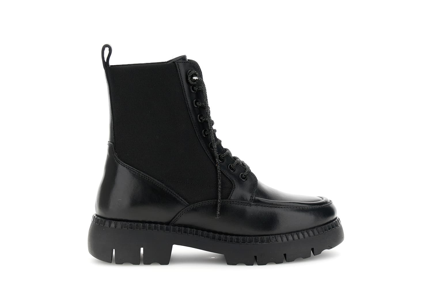tronchetto da donna in pelle allacciato con elastico e lacci strass nero